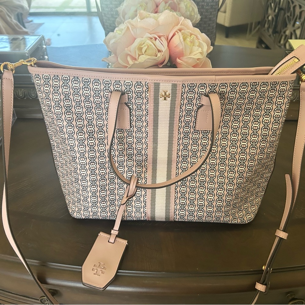 Tory Burch Pink and Cream Patterned Tote